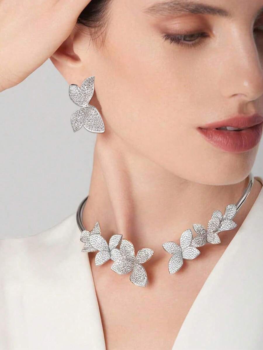 1 件新款水钻花朵颈链，优雅高端时尚日常/婚礼项圈项链，百搭锁骨链配饰 - 一對花耳環 - 查看 1