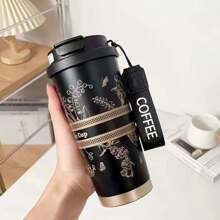 1 Fashionable Flower Patterned Coffee Cup, Double Drinking Stainless Steel Insulated Cup, Portable Coffee Cup, Men's And Women's Portable Office Water Bottle, Suitable For Offices, Study Rooms, Classrooms, As Holiday Gifts