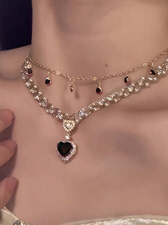 1pc Red Heart Faux Pearl Double-Layer Necklace, Luxurious And , Chic Bone Chain For Women