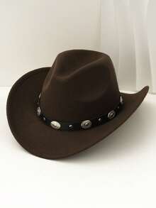 1pc Detachable Metal Trim Western Cowboy Hat, Polyester Felt Hat, Lightweight & Fashionable Unisex Hat For Outdoor Activities, Gatherings, Daily Wear, Non-Woven Fabric Material - Round Silver Decorated Hat - View 12