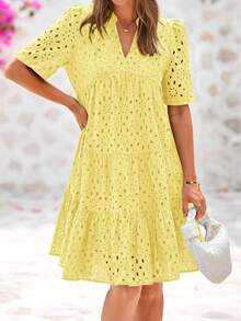Women Summer Embroidery Eyelet  Short Dress V Neck Short Sleeve Hollow Out Lace Ruffle Tiered Flowy Mini Dress Solid White Casual Boho Bohemian Resort Beach Holiday Vacation Valentine Babydoll Mini Short Dress - 黃色 - 查看 5