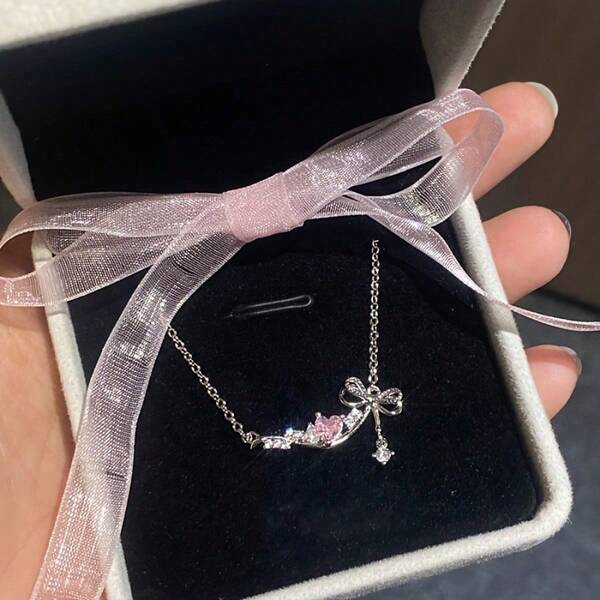 1pc Pink Heart & Bow Pendant Necklace, Elegant Luxury Sweet Style Precision Clavicle Chain Decorated With Synthetic Cubic Zirconia, Versatile Accessory For All Year