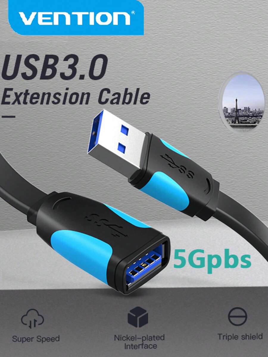 VENTION USB 3.0 Extension Cable, USB Extension Cord Male To Female Extender Cable High-Speed Data Transfer For Mouse, USB Keyboard, Flash Drive, Hard Drive, Camera, Printer - Black - View 1