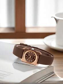 1pc Women Fashion Minimalist Art Style Silicone Band Quartz Movement Wrist Watch, Suitable For Everyday Wear - 咖啡棕 - 查看 4