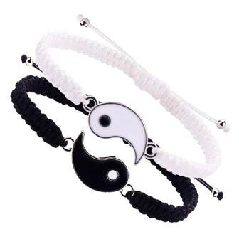2pcs Handmade Woven Yin Yang Fish & Bagua Couple Bracelets