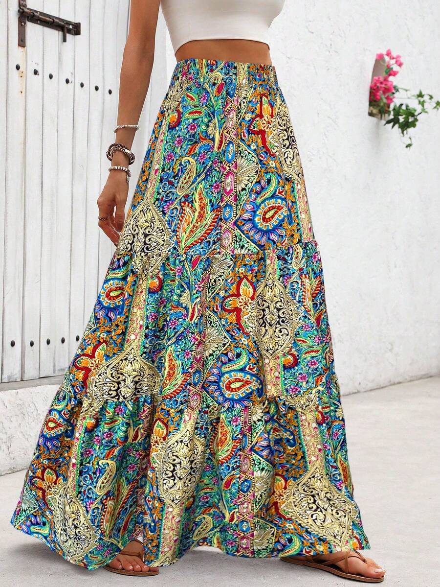 High Waist Elastic Waist Loose Printed Skirt - Multicolor - View 1