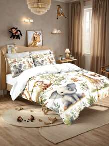 Juego de ropa de cama de 4 piezas con diseño de paisaje vívido con monos, elefantes y jirafas del bosque, que incluye funda nórdica con cremallera y estampado digital, adecuado para dormitorio, pensión, (1*Funda nórdica + 2*Fundas de almohada + 1*Sábana), regalo perfecto de primavera/verano para amantes de los dibujos animados