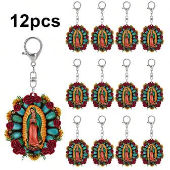 12pcs Retro Catholic Keychain Of Our Lady Of Guadalupe, Mexican Virgin Mary Keyring For Accessories, Bag Pendant, Keychain, Jewelry, Gifts For Fans Valentines