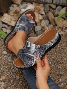 Women's Open Toe Contrast Color Western Style Slip-On Wedge Sandals, Fashionable & Versatile For Urban Outdoor - Grey - View 2