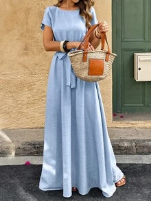 Women's Linen-Like Textured A-Line Ruched Long Dress - Baby Blue - View 4