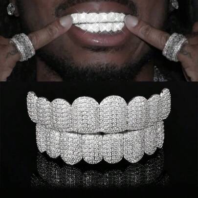 THATBOY A Set Of Fashionable Top And Bottom Teeth With Sparkling Cubic Zirconia Stones, Unique Hip Hop Design Teeth Grillz For Unisex Party Wear Copper Jewelry