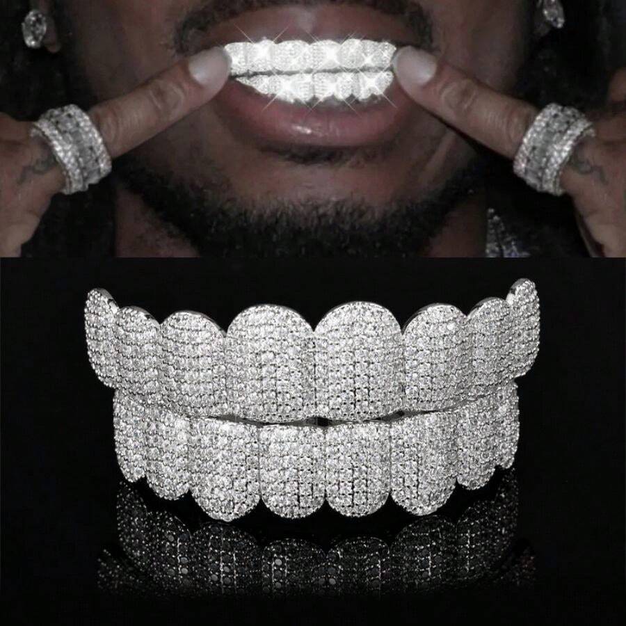 THATBOY A Set Of Fashionable Top And Bottom Teeth With Sparkling Cubic Zirconia Stones, Unique Hip Hop Design Teeth Grillz For Unisex Party Wear Copper Jewelry
