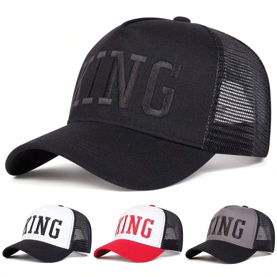 1pc Men's King Trucker Hat, Letter Embroidery Baseball Cap, Street Fashion Casual Hat For Spring, Autumn, Travel, Beach