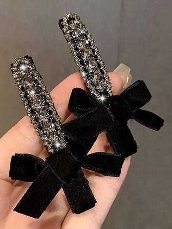 2pcs Light Luxury Vintage Bowknot Hair Clips With Grey Rhinestones For Women, Suitable For Bangs Royal Valentine's Day Valentines Hair Accessories For Women Claw Clips Hair Claws Hair Barrettes, School Stuff, Elegant, College, Winter Outfit For Women, Bows, Cute, Looks Of Party