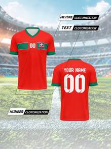 Camiseta personalizada del equipo nacional de Marruecos, transpirable y de secado rápido de 210g, camiseta deportiva de cuello en V para primavera/verano para hombres y mujeres, con nombre, número y logotipo impresos en el frente y la espalda, diseño cómodo de empalme rojo y verde para uso casual, fiesta y reunión