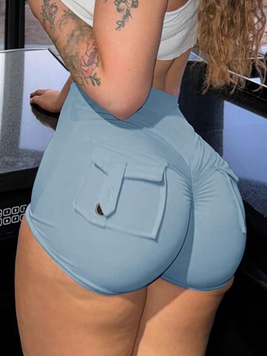 Solid Stretchy High Waist Scrunch Butt Booty Lifting Tummy Control Sports Workout Cargo Shorts Women Boxer Shorts