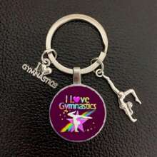1pc I Love Gymnastics Glass Keychain Key Ring, Metal Key Chain For Men & Women, Sports Themed Gift School Letter Car Accessories Cute Goth Y2k