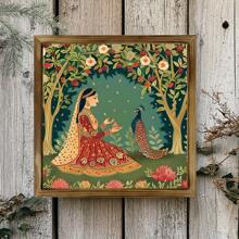 1PC Mughal Paintings Inspired Art Decor Traditional Palace Art Garden Botanical Art Prints Peacocks Animal Bride Playful Wood Decorative Paintings, Canvas Wall Posters, Optional: Framed + Frameless, Suitable For Bedroom, Dining Room, Living Room, TV Cabinet, Table Top, Perfect Gift, Surprise Yourself And Friends