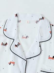 2 Stücke Damen Bequemer Mini Punkte Welpen Muster Kragen Knopf Dekor Kurzarm Top mit Tasche und Schleifen Shorts Pyjama Set, geeignet für Hausgebrauch Frühling/Sommer - Weiss - Übersicht 3