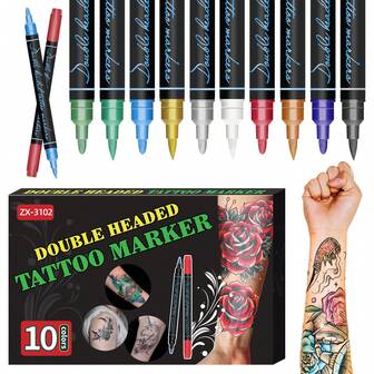 1pc Temporary Dual-Headed Tattoo Pen, 10 Colors, Washable Skin Drawing Marker, Suitable For Painting Patterns, Tattoo Marking