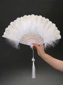 1pc Women Retro Feather Lace Folding Fan, Classical Dance Cheongsam Prop, Stage Performance Hand Held Fan For Costume Party