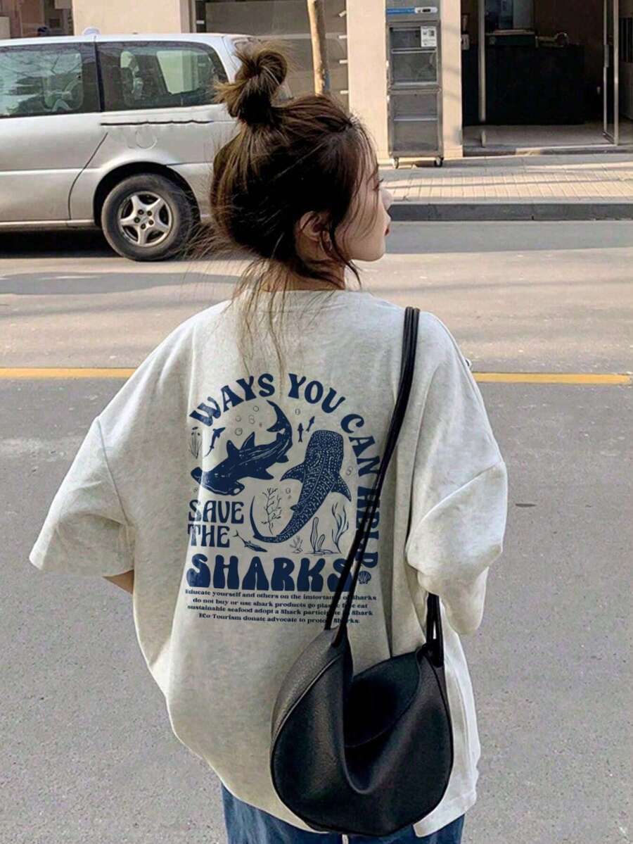 日系女款宽松圆领休闲百搭卡通鲨鱼印花短袖T恤春夏 - 淺灰色 - 查看 1