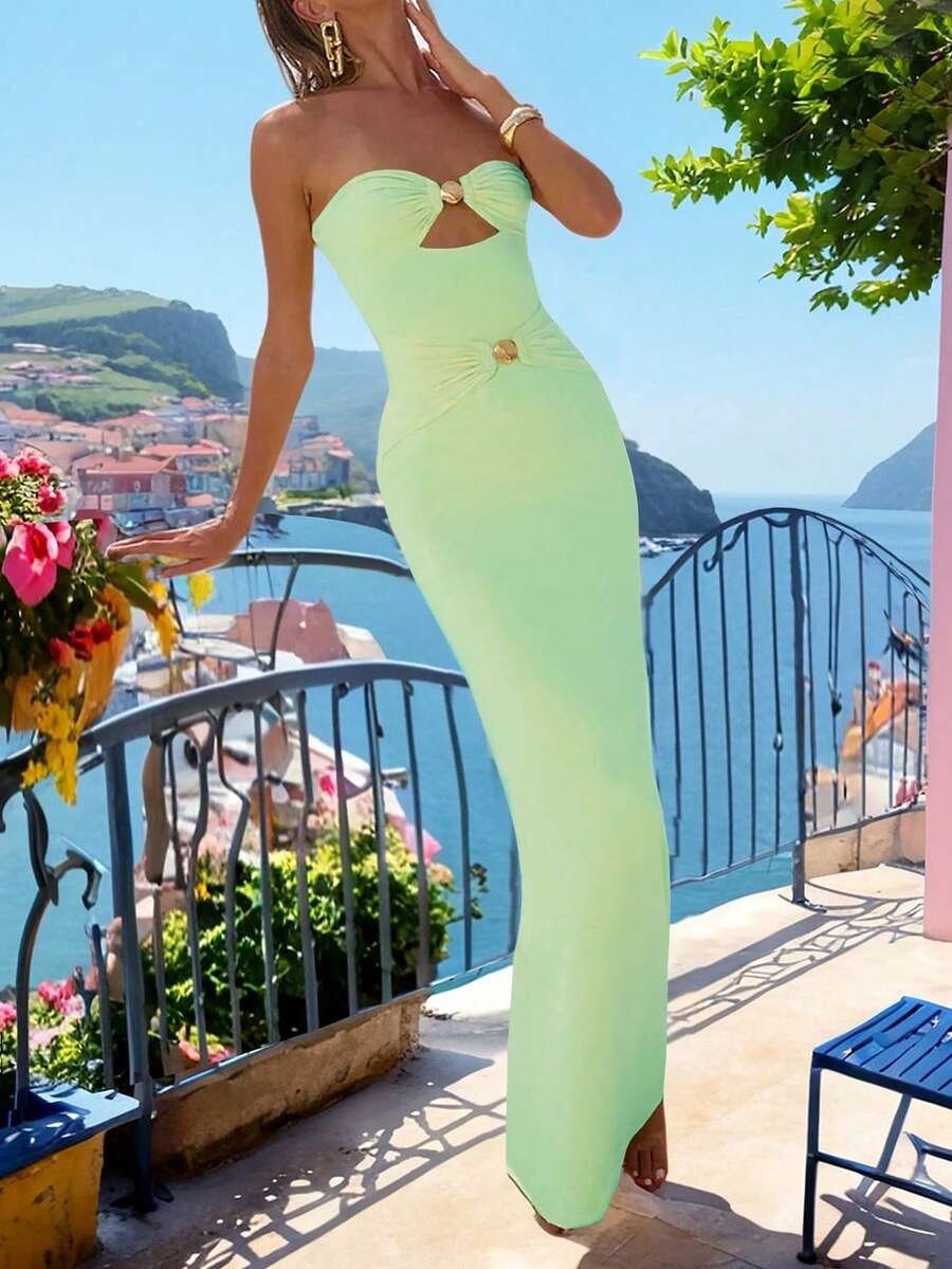 Women's Solid Color Knitted Metal Button Decor Sexy Beach Vacation Dress - Green - View 1