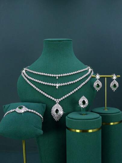 5pcs Luxury Royal Style Platinum Plated Bridal Jewelry Set, Large Multilayer Rhombus Design, Hand-Set Green Cubic Zirconia, Include Necklace, Bracelet, Earrings, Ring, For Wedding & Daily Wear, (Comes In Golden Premium Gift Box)