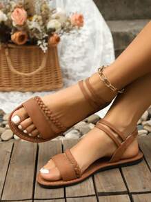 Sandalias planas tipo slip-on con estilo bohemio de verano, sandalias planas romanas con tiras, sandalias planas de punta abierta y versátiles en marrón, caqui, negro, verde oliva