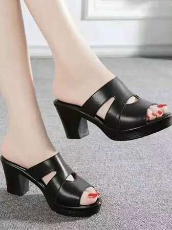 女士时尚黑色镂空高跟凉鞋，女士户外休闲一脚蹬拖鞋，女士纯色拖鞋