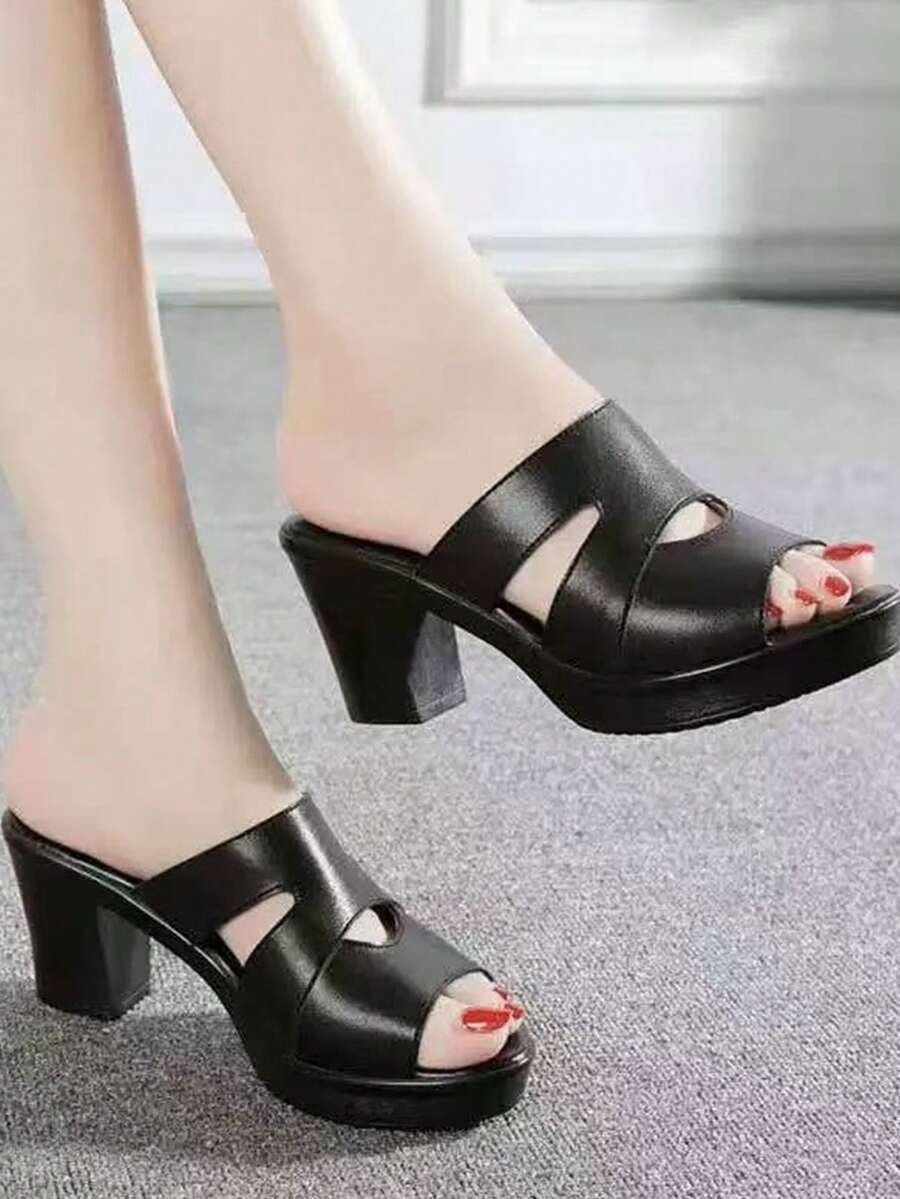 Women's Fashionable Black Hollow-Out High Heels Sandals, Women's Outdoor Casual Slip-On Slippers, Women's Solid Color Slide Sandals