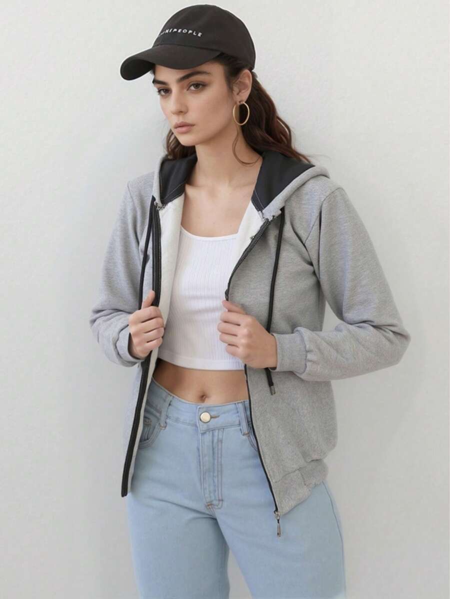 Women's Cold Weather Blouse Coat Sweatshirt With Hood And Plush Lining – Cotton | S To XL | 6 Colors - Light Grey - View 1