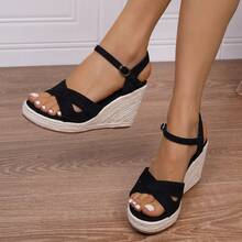 Women's Spring/Summer Buckle Strap Holiday Style Black Wedge Platform Sandals,Wedge Sandals - Black - View 8