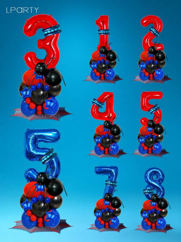 Set de 37 piezas de decoración de fiesta de cumpleaños con globos, tema de araña, globos de números de 32 pulgadas del 0 al 9 en rojo/azul oscuro, set de globos rojos/azules/negros con adornos de araña DIY para baby shower, decoración