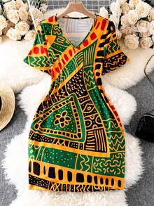 Fashion Casual Slim Fit V-Neck All-Over Allover Print Short Sleeve Plus Size Dress - Multicolor - View 1