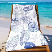 1 Stück cartoon-artiges blau-weißes Strandtuch mit Muschel und Seestern, unisex Outdoor-Grundausstattung, Urlaubsmuss, Sommer Reise Notwendigkeit, Vatertagsgeschenk Strandausstattung