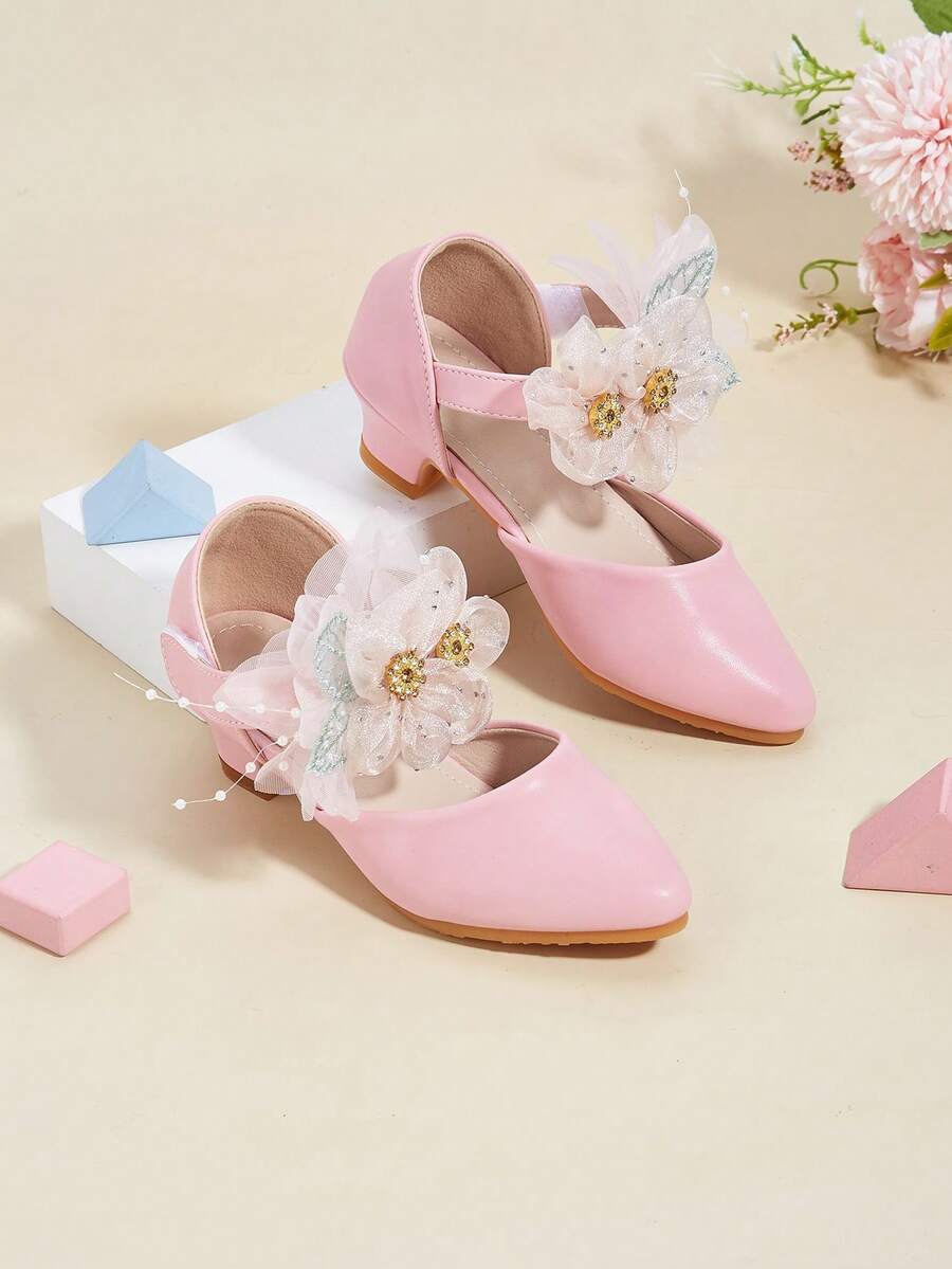 1 Pair Toddler Girls' Rhinestone Flower PU Leather Chunky Heel Pointed Toe Hollow-Out Ballet Flats, Pink Elegant Fashion Versatile For Spring/Summer/Autumn