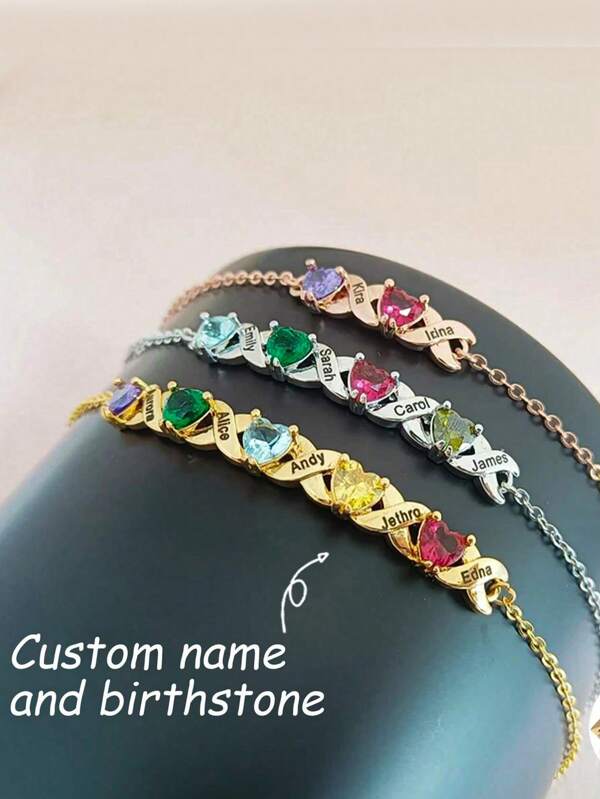 1 Stück Armband mit Herzform, Geburtsstein und Name, personalisiertes Familien-Geburtsstein-Armband, individuelles Mehrfachname-Armband, Geschenk für Mutter, Geburtstagsgeschenk für sie