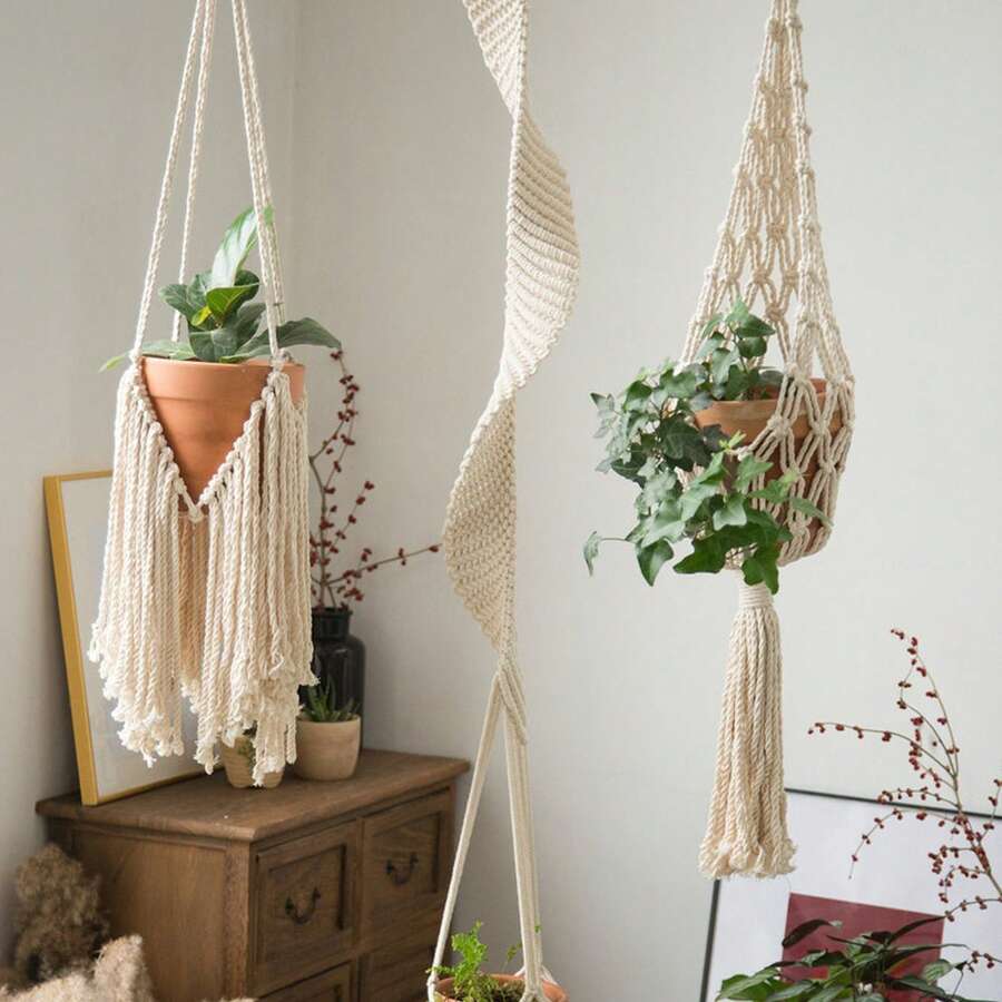 1 件 Macrame 植物架，室内悬挂绿色植物网，波西米亚风格吊篮，手工编织植物悬挂装饰 - 不含花盆和植物