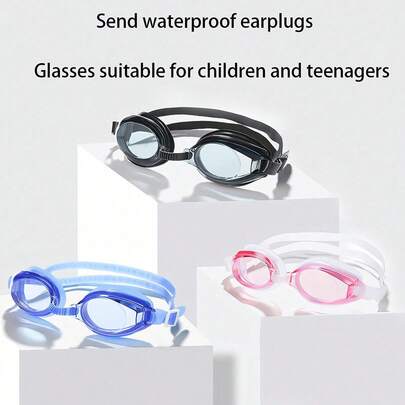 1 Cặp kính bơi chống nước và chống sương mù, tiện dụng cho việc luyện tập, thiết kế đơn giản, kèm theo nút bịt tai, phù hợp cho trẻ em và thanh thiếu niên.
