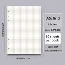 60 unidades/pacote de papel de recarga para caderno A5, folhas soltas grossas, substituição para caderno de estudante/escritório, papel de preenchimento com furos em branco com grade pautada A5