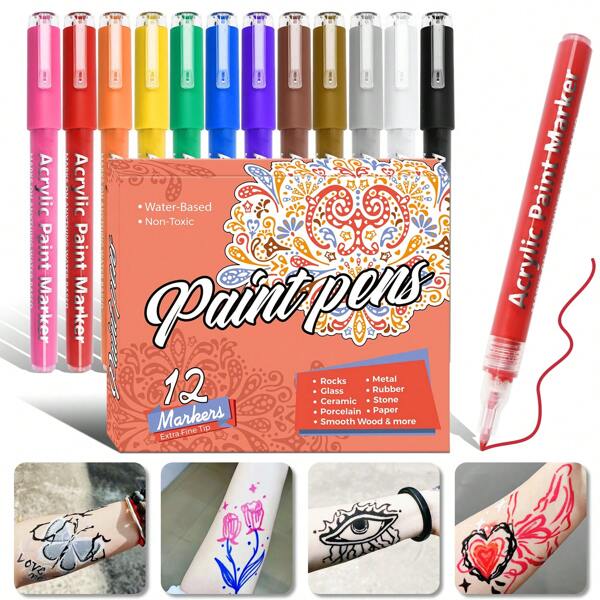 12 Colors Temporary Tattoo Markers, Skin-Safe Washable Face & Body Painting Kits, Templates & Art Supplies, Fashion Gifts Suitable For Girls, Boys, Adults, Teenagers - Popular Presents For Youths & Children Back To School