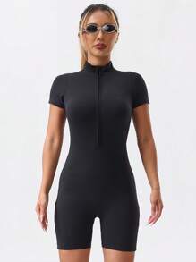 Women's High Waisted Backless Yoga Jumpsuit - Zipper Stand Up Collar Short Sleeved Abdominal Design, Suitable For Sports And Fitness Wear | Slim Fit And Slimming | High Stretch Fabric