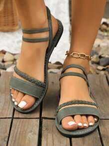Sandalias planas de verano con tiras, tipo slip-on, versátiles, de punta abierta, tipo romano, en marrón, caqui, negro y verde olivo