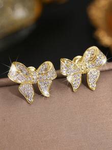 2 chiếc hoa tai đính nơ sang trọng dành cho nữ, hoa tai mạ bạc Zirconia, quà tặng tiệc sinh nhật, tốt nghiệp, trang sức cưới cho vợ bạn gái, ngày lễ tình nhân, ngày lễ tình nhân - vàng trắng 1104 - Xem 14