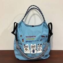 New Women's Crossbody Bag Nylon Shopping Bag Cat Embroidery Lightweight Tote Bag Folding Storage Suitable For Commuting Travel Leisure Outdoor Party Holiday Gifts