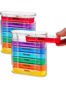 1 件装每周药丸整理器带药丸切割器 - V 型药丸分离器可堆叠药丸盒药物维生素带 4 个每日隔间，2 个分配器带可堆叠盒子 AM/PM - 彩色 - 查看 11