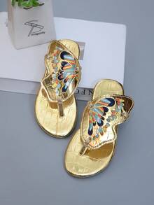 Summer Versatile Color Blocking Butterfly Design - Round Toe T-Strap Flat Sandals - Noble, Comfortable, Versatile, Solid Color Fashion Simple Beach Style - Gold - View 4