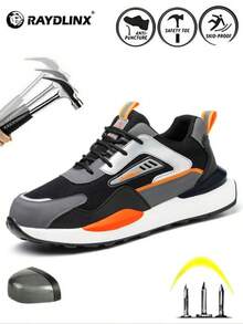 Men's Color-Block Lace Up Front Mesh Breathable Safety Shoes, Lightweight Comfortable Anti-Slip Work Shoes - Grey - View 2