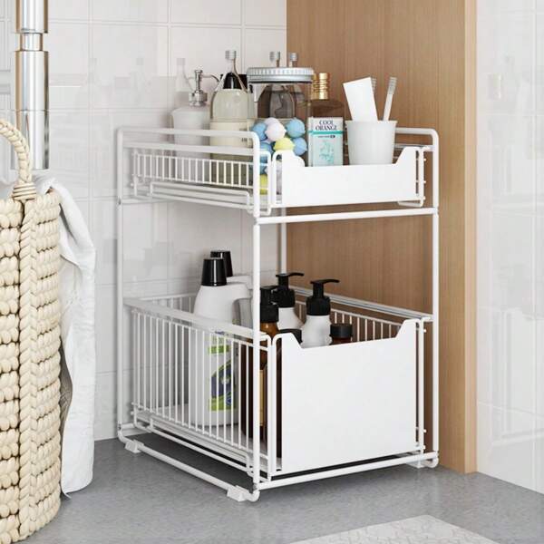 Under-Sink Storage, Sliding Drawer, 2-Tier, Sliding Rack, Storage Rack, Shelf, Multi-Functional, Kitchen, Kitchen Rack, Washroom, Compact, Space-Saving Storage, Slim, Stylish